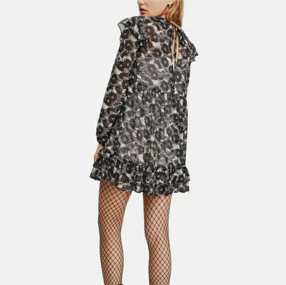 Free people Black White floral Mini Tunic Dress Flirty NEW XS Bohemian Fall HOT - Picture 3 of 7